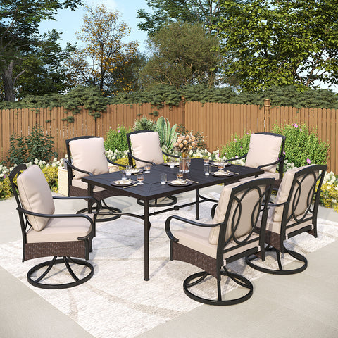 Luxurious Thick-Cushion Rattan-steel Swivel Chairs 7-Pcs Patio Dining Set