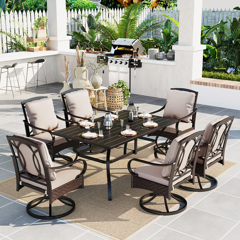 Luxurious Thick-Cushion Rattan-steel Swivel Chairs 7-Pcs Patio Dining Set
