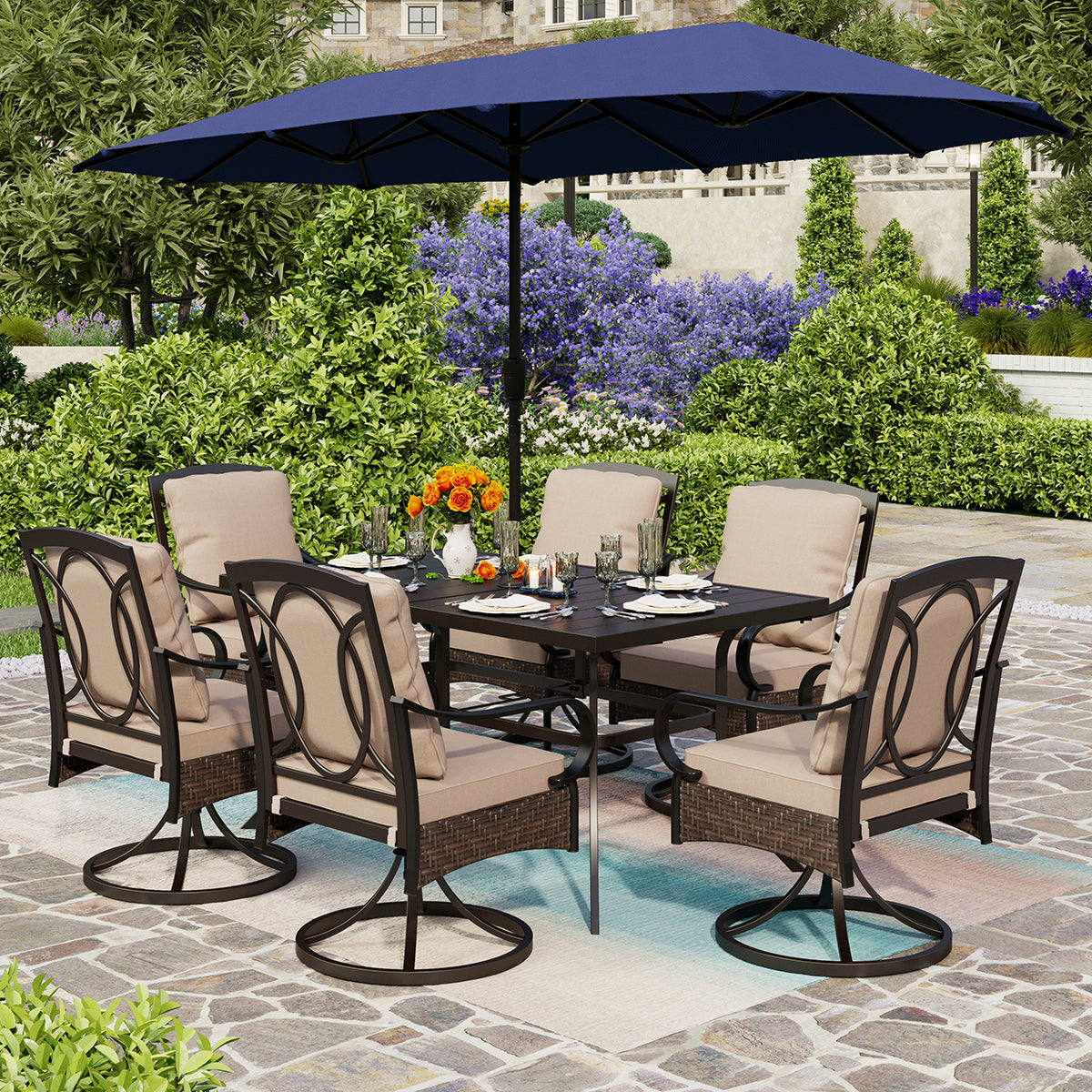 Luxurious Thick-Cushion Rattan-steel Swivel Chairs 7-Piece Patio Dining Set