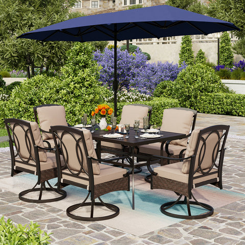 Luxurious Thick-Cushion Rattan-steel Swivel Chairs 7-Piece Patio Dining Set