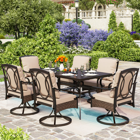 Luxurious Thick-Cushion Rattan-steel Swivel Chairs 7-Piece Patio Dining Set