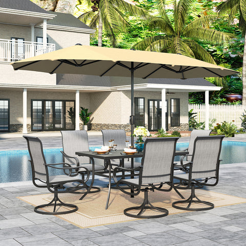 8-Piece 13ft Umbrella Patio Dining Set with Denim Blue / Grey Textilene Swivel Chair