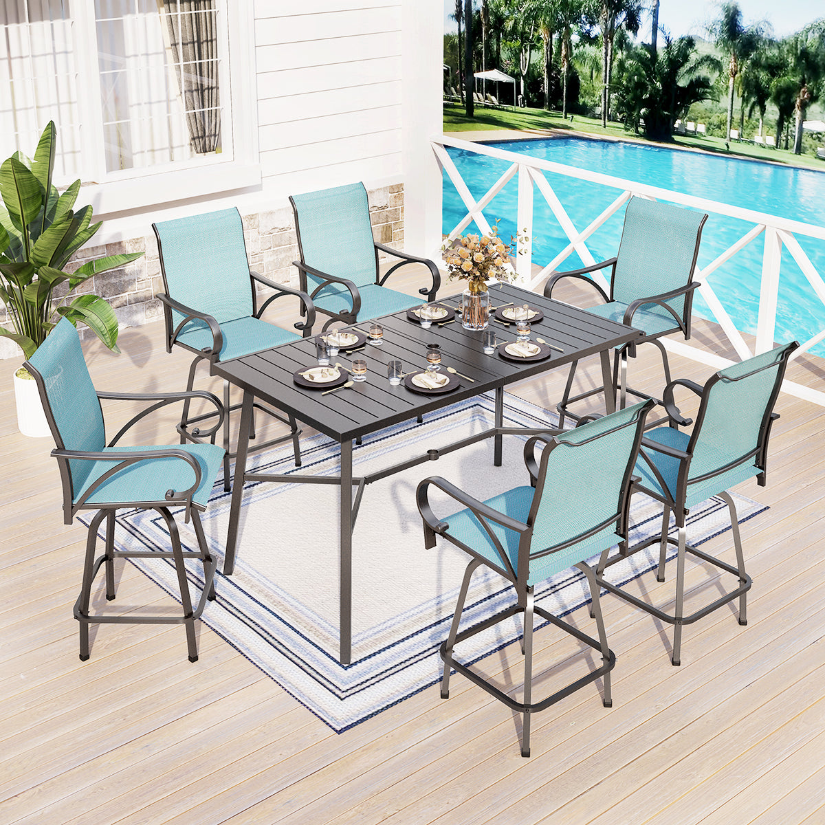 7-Piece Patio Bar Stool Set Aqua Textilene Swivel Stools