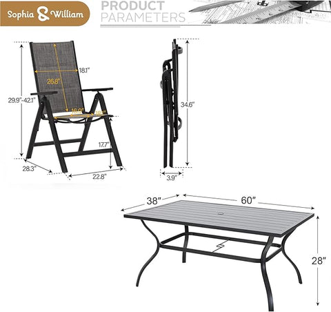 7PC Steel Panel Rectangle Table & 6 Textilene Reclining Foldable Chairs Patio Outdoor Dining Set
