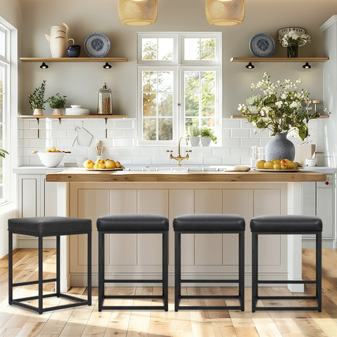 PHI VILLA 24'' Backless PU Leather Bar Stools for Kitchen Island with Sturdy Metal Frame- Set of 4