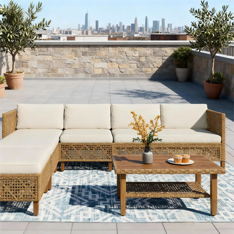 Boho Style Outdoor Wicker Conversation Sofa set with Acacia Wood Coffee Table
