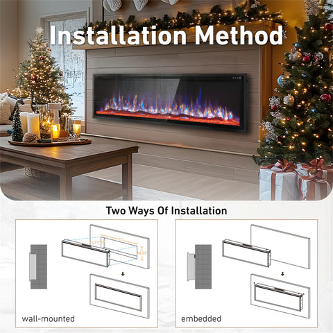 Premium Wall Mounted & Recessed Electric Fireplace with Remote Control