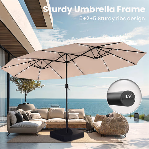 15ft Extra Large Double-Sided Patio Umbrella with Solar Powered LED Lights (Base Included)