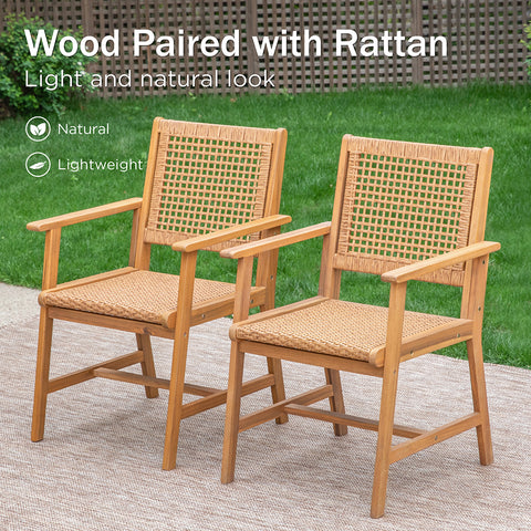 Rattan and Acacia Wood Outdoor Dining Chairs
