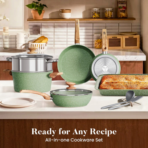 Induction Nonstick Granite-Coating 17 Piece Cookware Set,Kitchen Academy