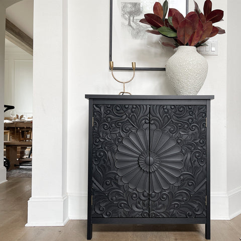 Black Accent Cabinet with Carved Floral Design
