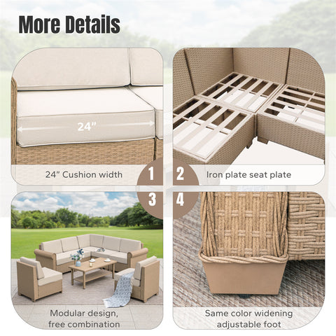 Outdoor Rattan Sofa Set with T-Shaped Sponge Cushion and Coffee Table