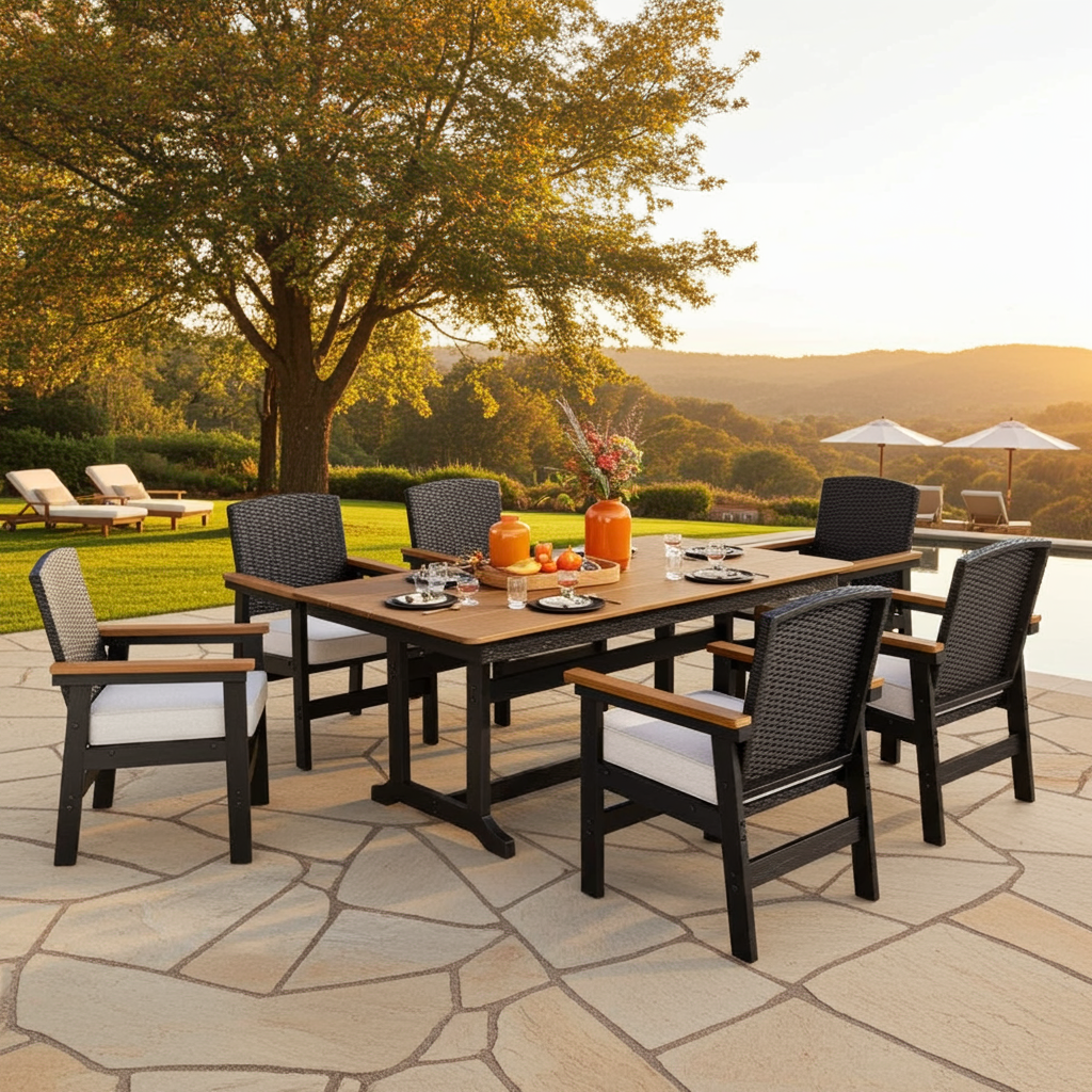 7-Piece Outdoor Dining Set with HDPE Rattan Chair and Wood-grain Table
