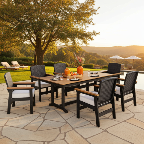 7-Piece Outdoor Dining Set with HDPE Rattan Chair and Wood-grain Table