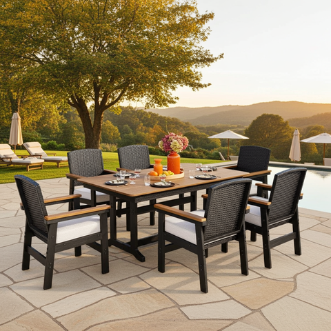 7-Piece Outdoor Dining Set with HDPE Rattan Chair and Wood-grain Table