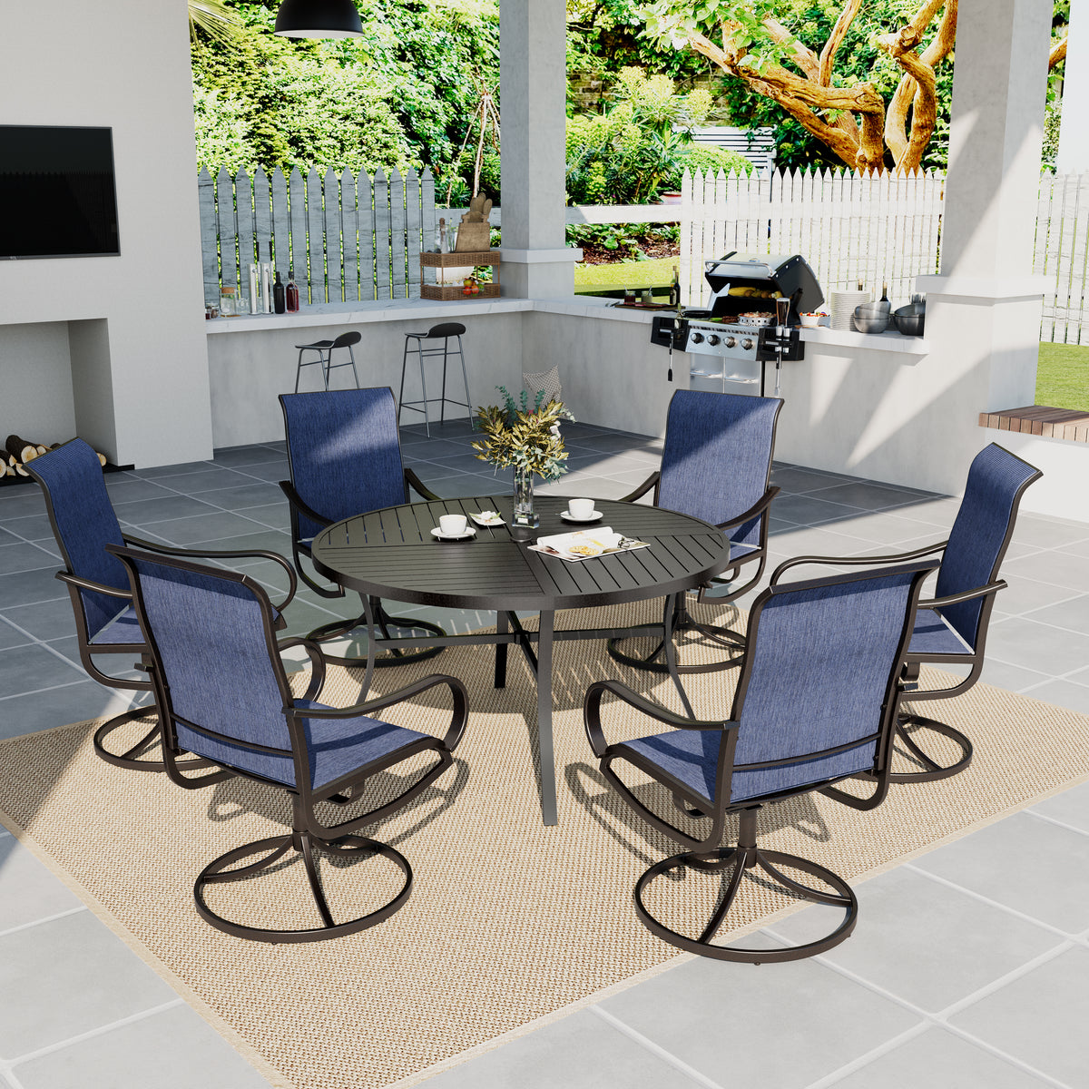 7-Piece Patio Dining Set Round Steel Table & Textilene Swivel Chairs
