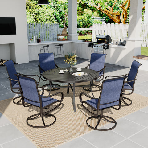 7-Piece Patio Dining Set Round Steel Table & Textilene Swivel Chairs