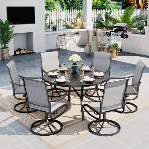 7-Piece Patio Dining Set Round Steel Table & Textilene Swivel Chairs