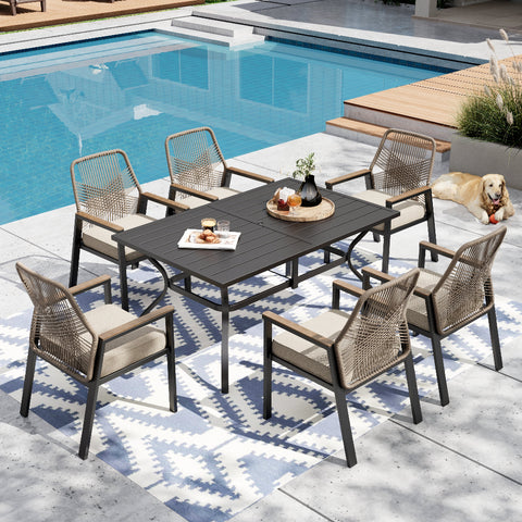 Outdoor patio set with metal table and rattan rope chairs
