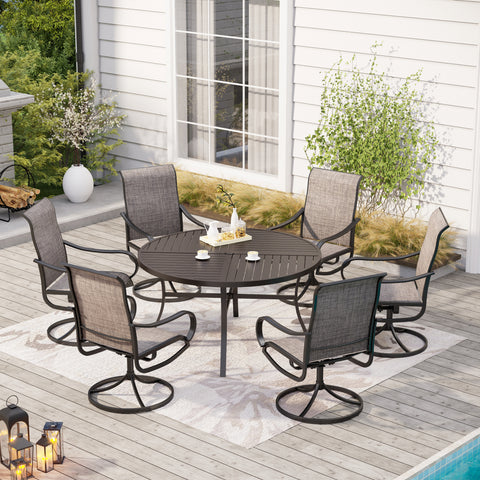 7-Piece Patio Dining Set Round Steel Table Textilene Swivel Chairs