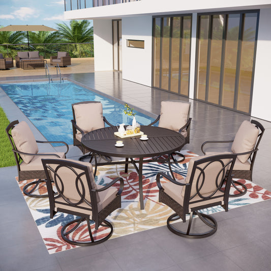 7-Piece Patio Dining Set Round Steel Table & Rattan Chairs