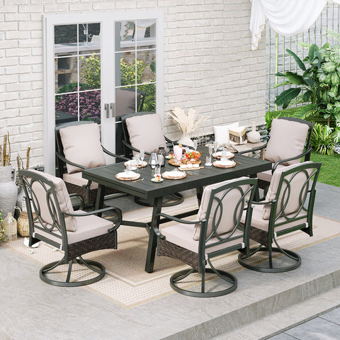 9/7-Piece Patio Dining Sets Reinforced Extendable Table & Thick-Cushion Swivel Chairs