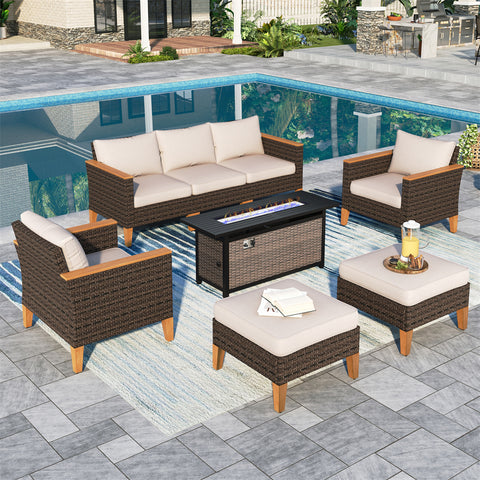 7-Seat Luxurious Half-moon Rattan Sofa with 56" Rattan Fire Pit Table