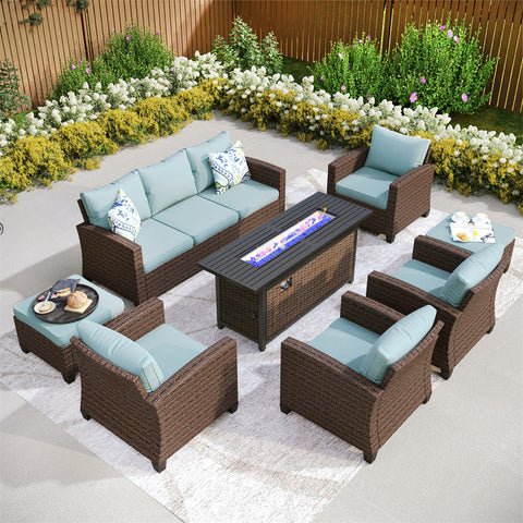 Upgraded Rattan Outdoor Sofa with 56" Rattan Fire Pit Table