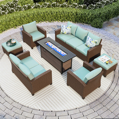 Upgraded Rattan Outdoor Sofa with 56" Rattan Fire Pit Table
