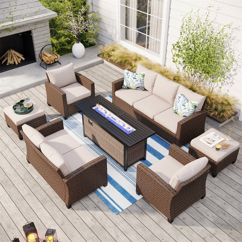 Upgraded Rattan Outdoor Sofa with 56" Rattan Fire Pit Table
