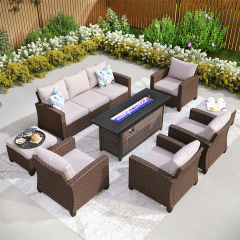 Upgraded Rattan Outdoor Sofa with 56" Rattan Fire Pit Table