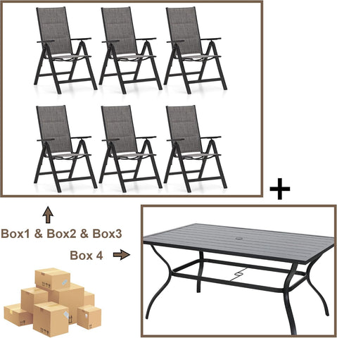 7PC Steel Panel Rectangle Table & 6 Textilene Reclining Foldable Chairs Patio Outdoor Dining Set