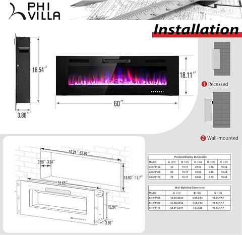 60" Ultra-thin Insert Wall Mounted & Recessed Electric Fireplace with Remote Control & Touch Screen, 750/1500W