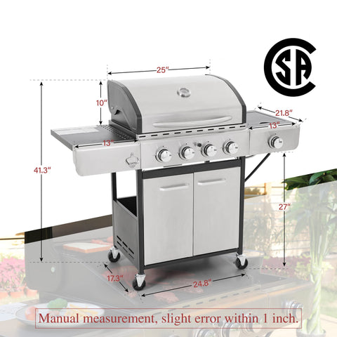 4-Burner Outdoor Propane Gas BBQ Grill with Side Burner