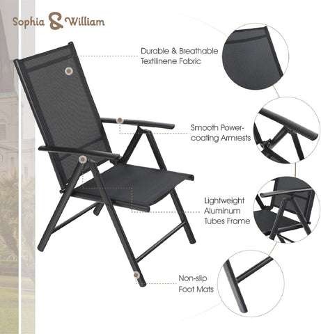 Pre-assembled Aluminum & Steel Frame Reclining Folding Sling Chair, Set of 2