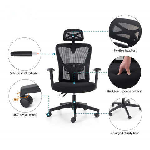 Adjustable Mesh Swivel Office Chair with Headrest and Lumbar Support