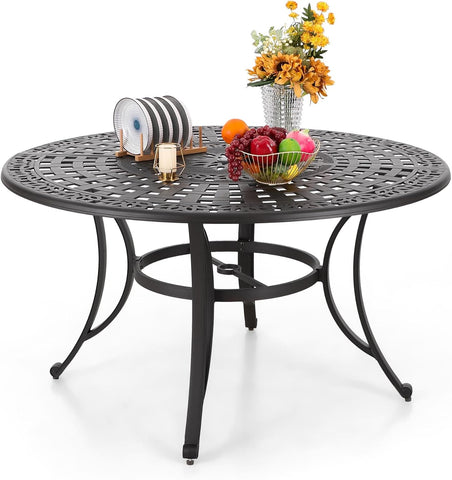 54" Round Cast Aluminum Patio Dining Table for 6 with Umbrella Hole
