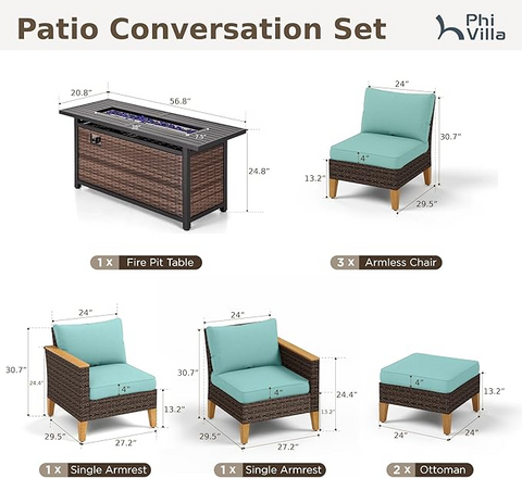 7-Seat Luxurious Half-moon Rattan Sofa with 56" Rattan Fire Pit Table