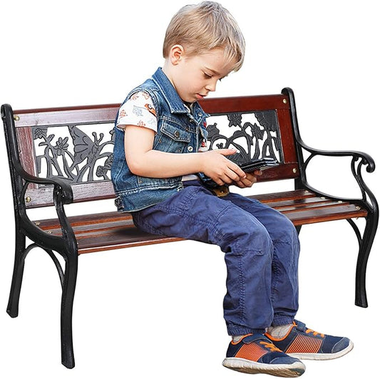 33" Outdoor Kids Sized Garden Metal Bench with Wood Seating