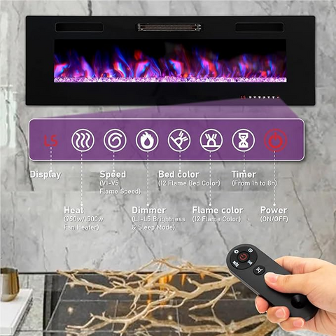 60" Ultra-thin Insert Wall Mounted & Recessed Electric Fireplace with Remote Control & Touch Screen, 750/1500W
