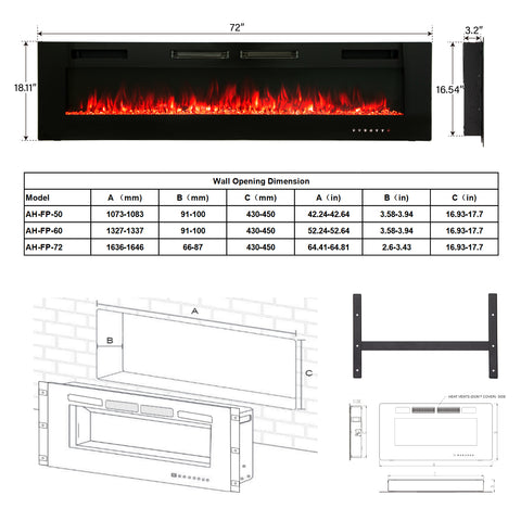 72" Ultra-thin Insert Wall Mounted Electric Fireplace, 750/1500W