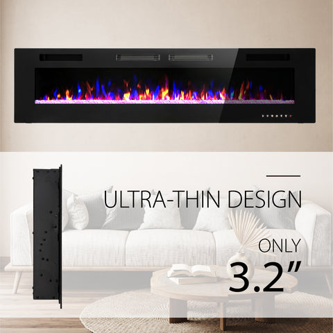 72" Ultra-thin Insert Wall Mounted Electric Fireplace, 750/1500W