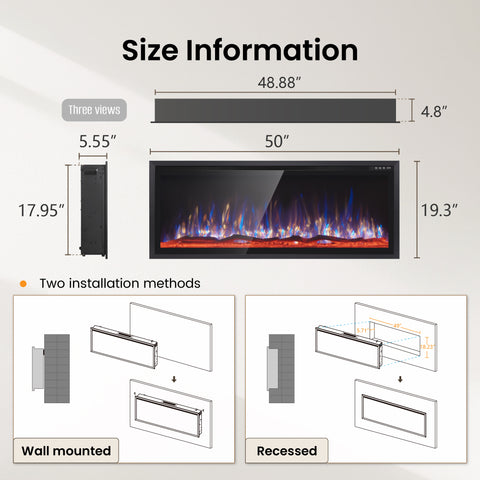 Premium Wall Mounted & Recessed Electric Fireplace with Remote Control