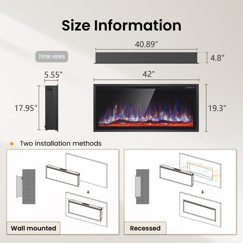 Premium Wall Mounted & Recessed Electric Fireplace with Remote Control