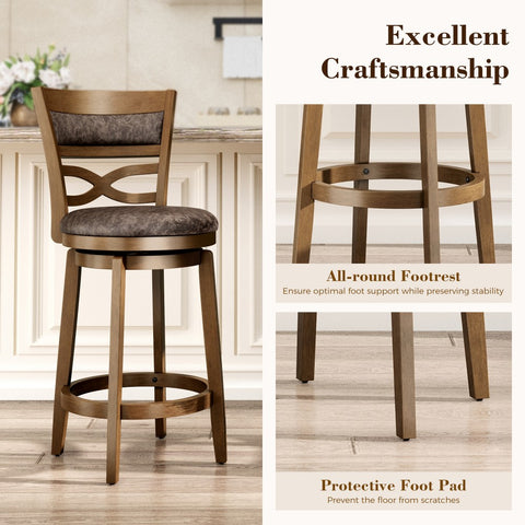 PHI VILLA Rustic Wood Bar Stool with Unique X-Shaped Upholstered Back for Kitchen