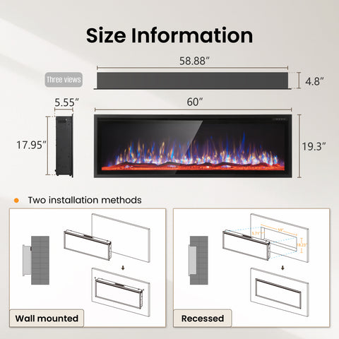 Premium Wall Mounted & Recessed Electric Fireplace with Remote Control