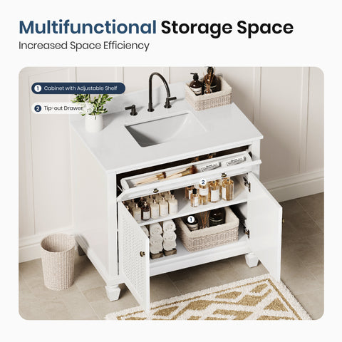 36" Free Standing Single Bathroom Vanity with Engineered Marble Top, Ceramic Sink, Backsplash