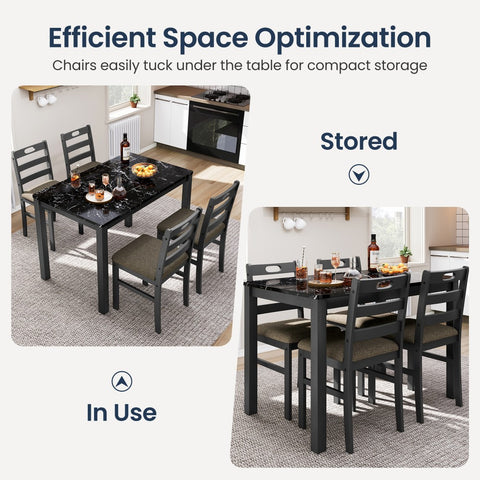 5-Piece Modern Farmhouse Dining Set with Faux Marble Tabletop & Rubber Wood Chairs