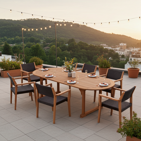 7/9 Piece Outdoor Acacia Wood Dining Set with Extendable Table and Rattan Chairs