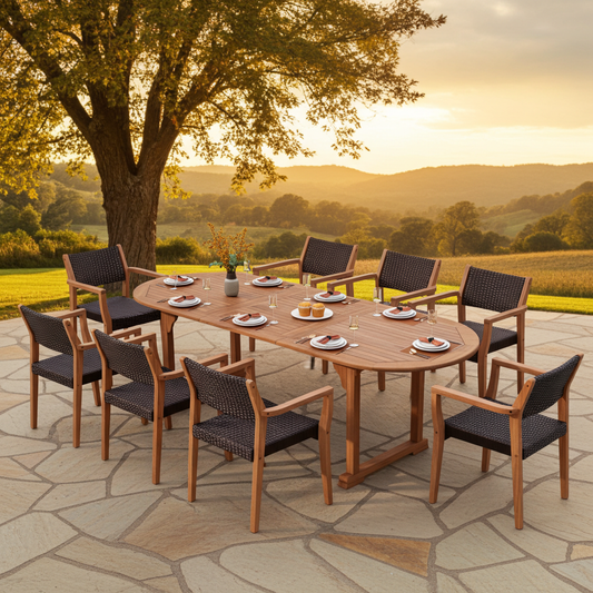 7/9 Piece Outdoor Acacia Wood Dining Set with Extendable Table and Rattan Chairs